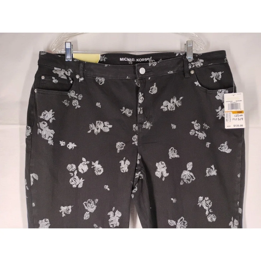NWT Michael Kors Womens Sz 16 W Black Floral Izzy‎ Cropped Skinny Jeans $125